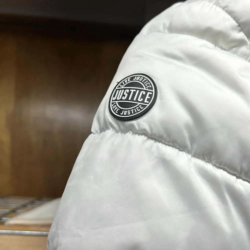 Justice White Puffy coat white with black‎ trim girls size 14/16